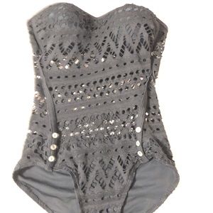 Strapless crochet black one piece swim suit -Small